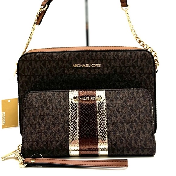 Michael Kors Large EW Zip Chain Xbody Crossbody Bag & Continental Wallet Brown - Picture 1 of 13